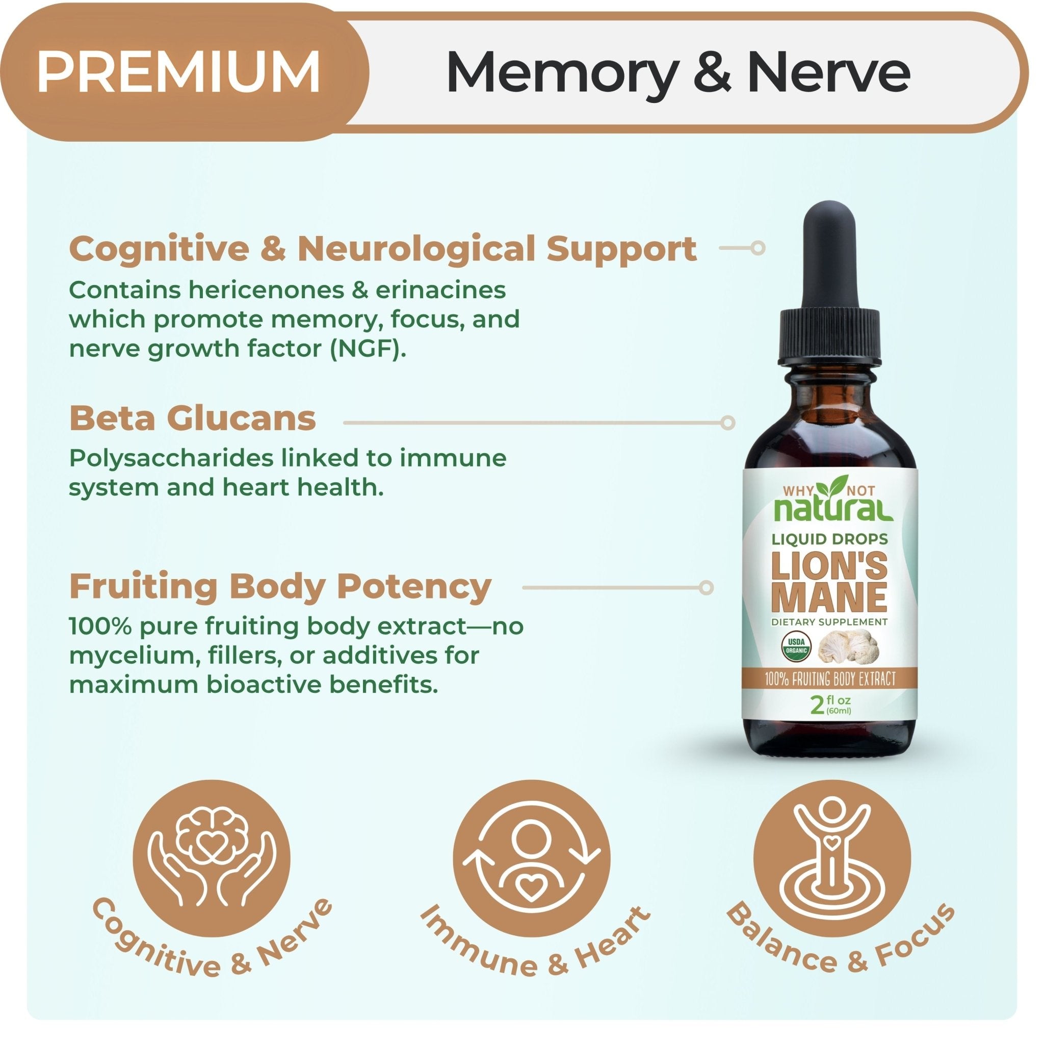 Organic Lions Mane Liquid Extract Mushroom Tincture - WhyNotNatural