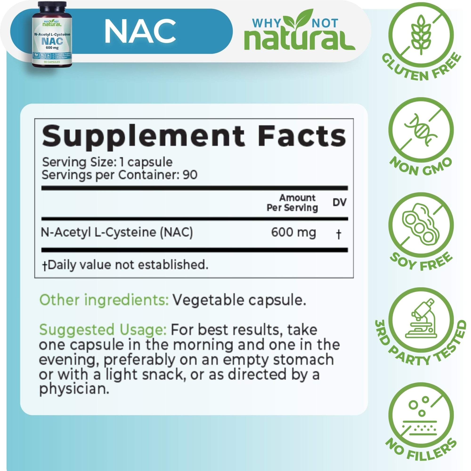 Why Not Natural NAC Supplement 600 mg, n - Acetyl cysteine Capsules - WhyNotNatural