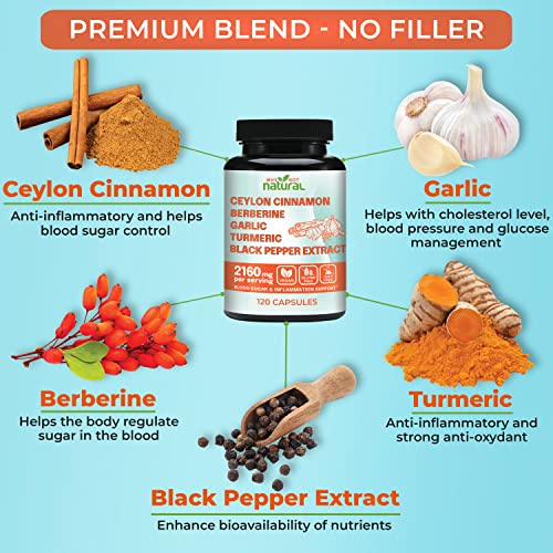 5-in-1 Organic Ceylon Cinnamon, Garlic, Berberine, Turmeric, Black Pepper Capsules