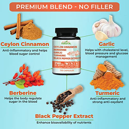 5-in-1 Organic Ceylon Cinnamon, Garlic, Berberine, Turmeric, Black Pepper Capsules
