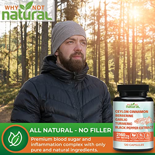 A man in the forest with a hat on looks off into the distance peacefully in the background. Foreground shows a bottle of Ceylon cinnamon blend with the "all natural- no filler" text.