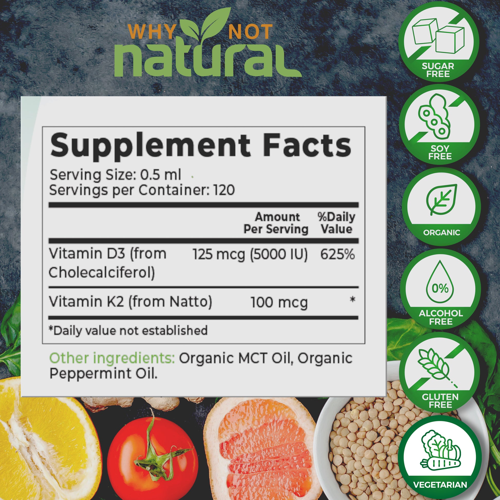 Organic Vitamin D3 Liquid Drops with K2 : Supplement Facts