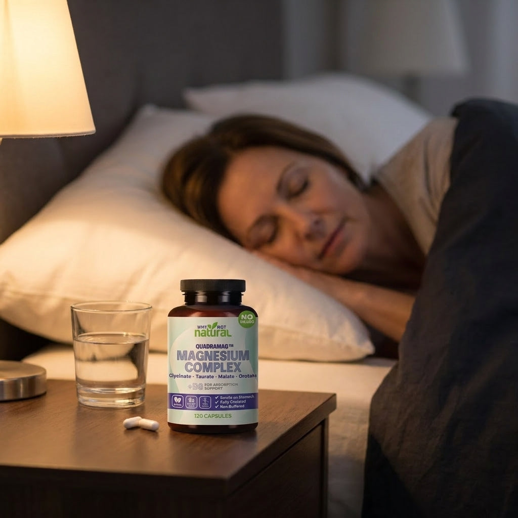 Woman in her 50s sleeping peacefully, Why Not Natural 4-in-1 Magnesium Complex bottle on her nightstand with a glass of water under soft lamp light