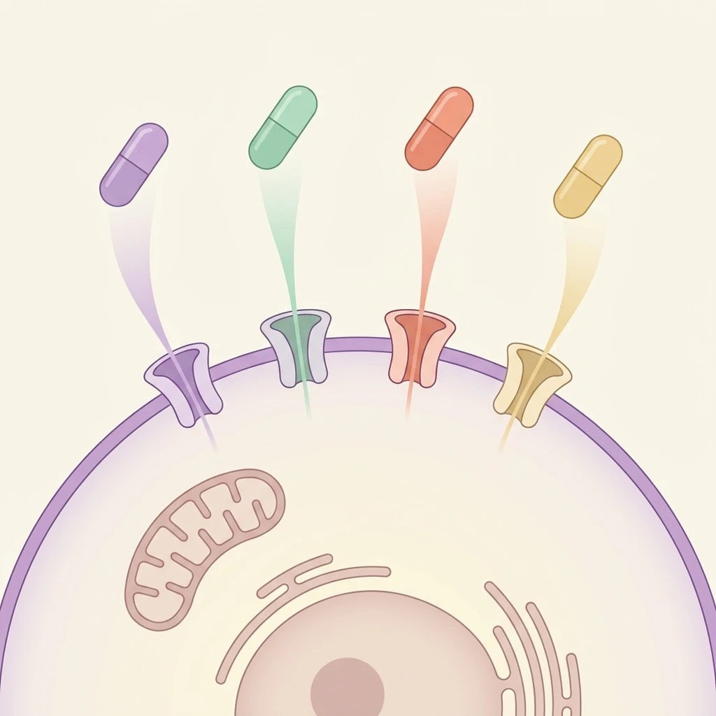 Four magnesium capsules in distinct colors absorbing through cell membrane channels — illustration of absorption