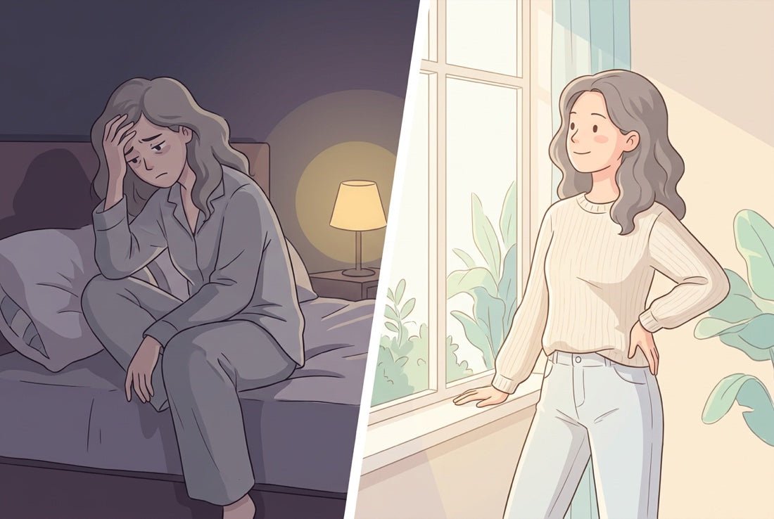 Cartoon illustration: tired woman on bed at night, then rested woman in morning light by a window