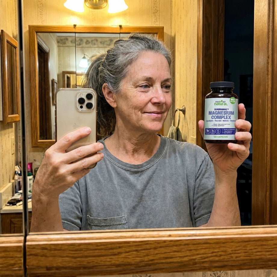 A woman in her late fifties taking a mirror selfie holding the Why Not Natural 4-in-1 Magnesium Complex bottle